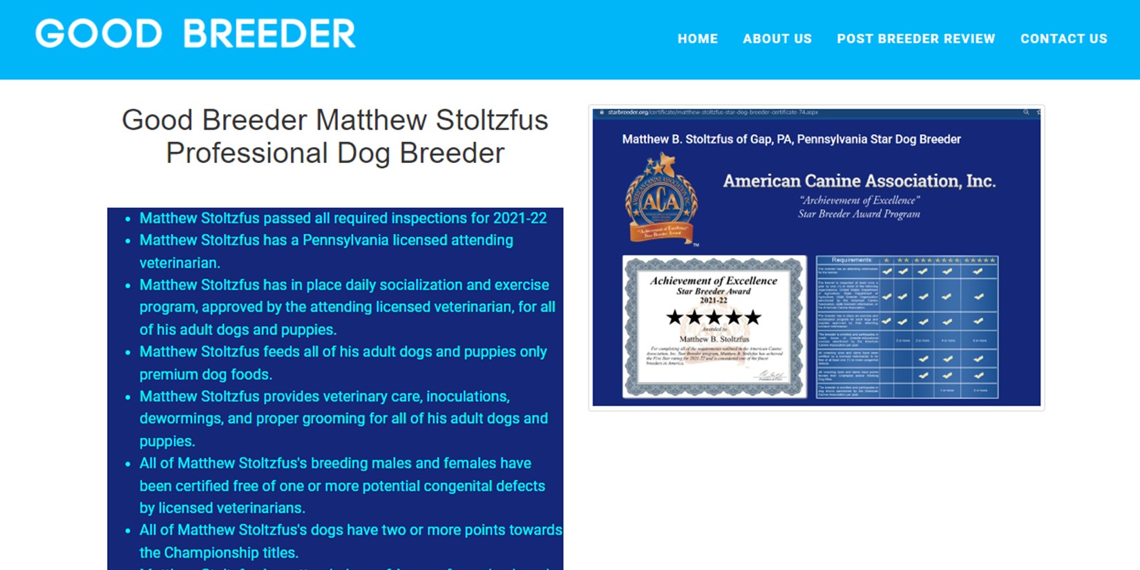 Top dog breeder Matthew Stoltzfus of Gap PA 